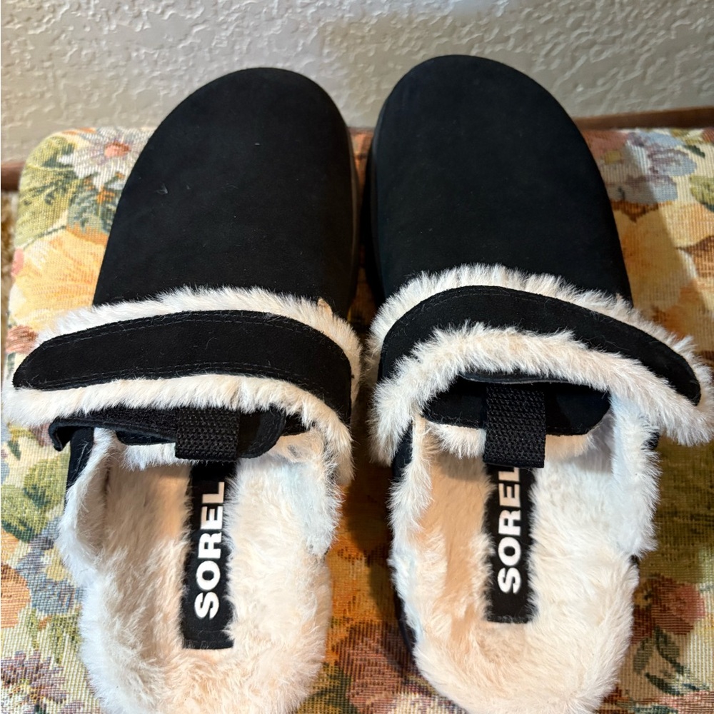 Sorel Black and White Fur-Lined Mules